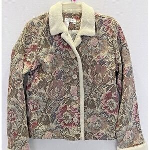 Vtg Coldwater Creek Floral Tapestry Jacket Medium Sherpa‎ Fleece Trim Lined